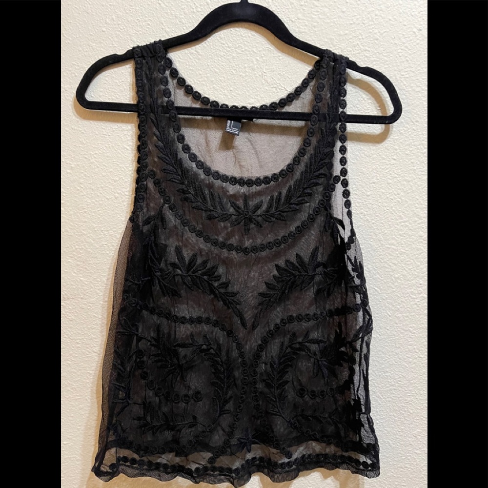 F21 embroidered sheer black lace tank style top